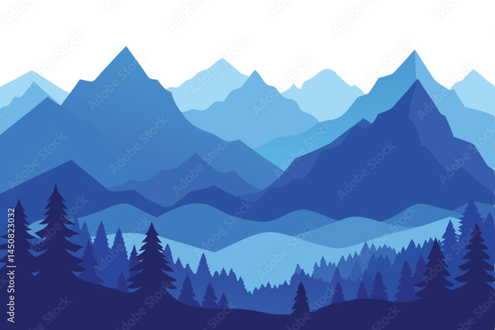 Obraz premium Deep blue monochrome mountain landscape with coniferous forest creates a tranquil, serene scenery