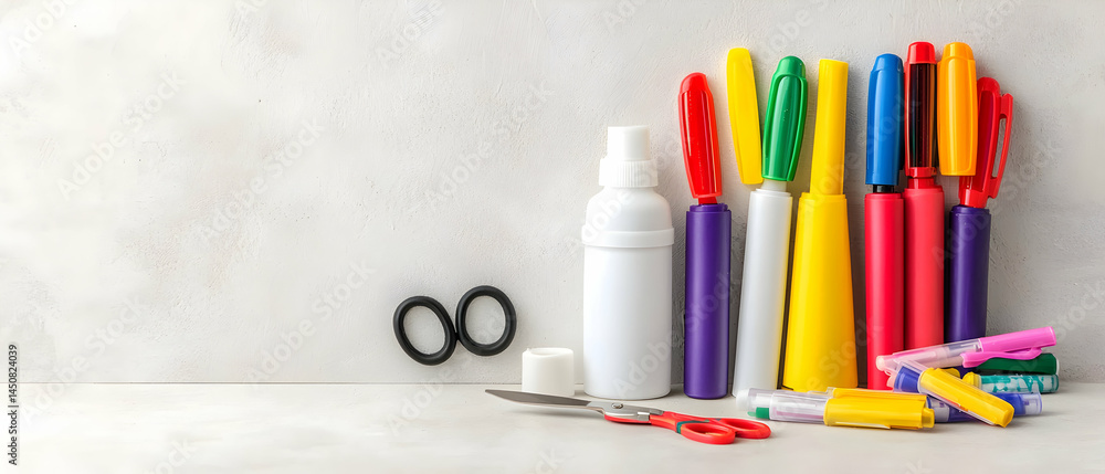Fototapeta premium Assorted Colorful Pens Markers And School Supplies On White Surface
