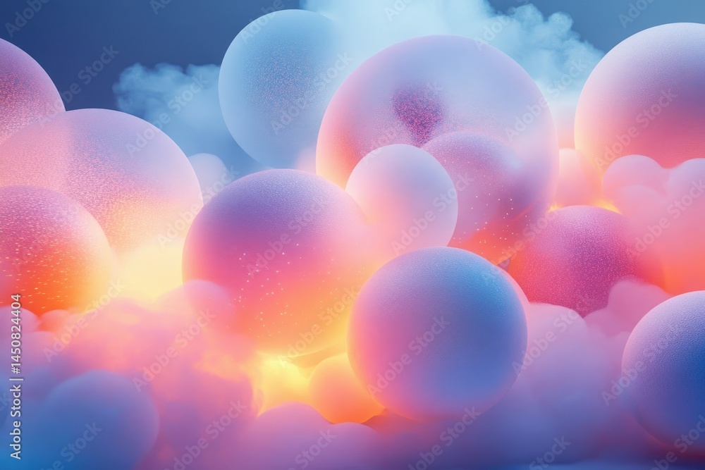 Abstract pastel spheres glowing softly in a dreamy, cloudy atmosphere. Abstract pastel spheres glowing softly in a dreamy, cloudy atmosphere.