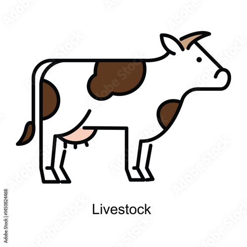 Vector icon for Livestock with Cow in Minimalist Style. Represents the role of farm animals in agriculture and food production systems.