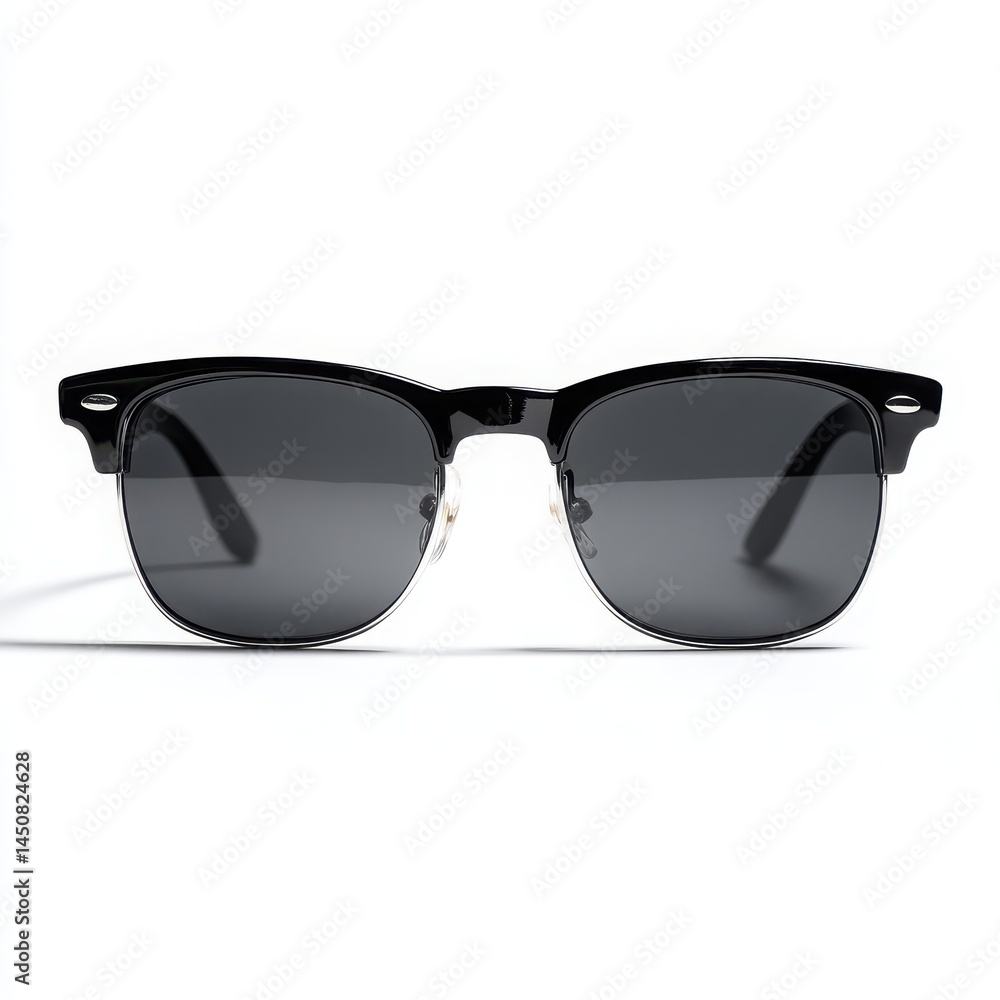 Front view of stylish sunglasses, sleek black frame, high-quality lenses, modern and trendy design, fashion accessory Front view of stylish sunglasses, sleek black frame, high-quality lenses, modern and trendy design, fashion accessory