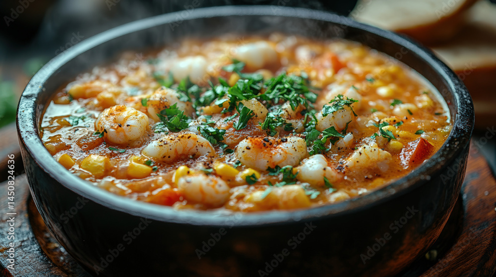 Steaming bowl of seafood stew with corn, shrimp, and herbs Steaming bowl of seafood stew with corn, shrimp, and herbs