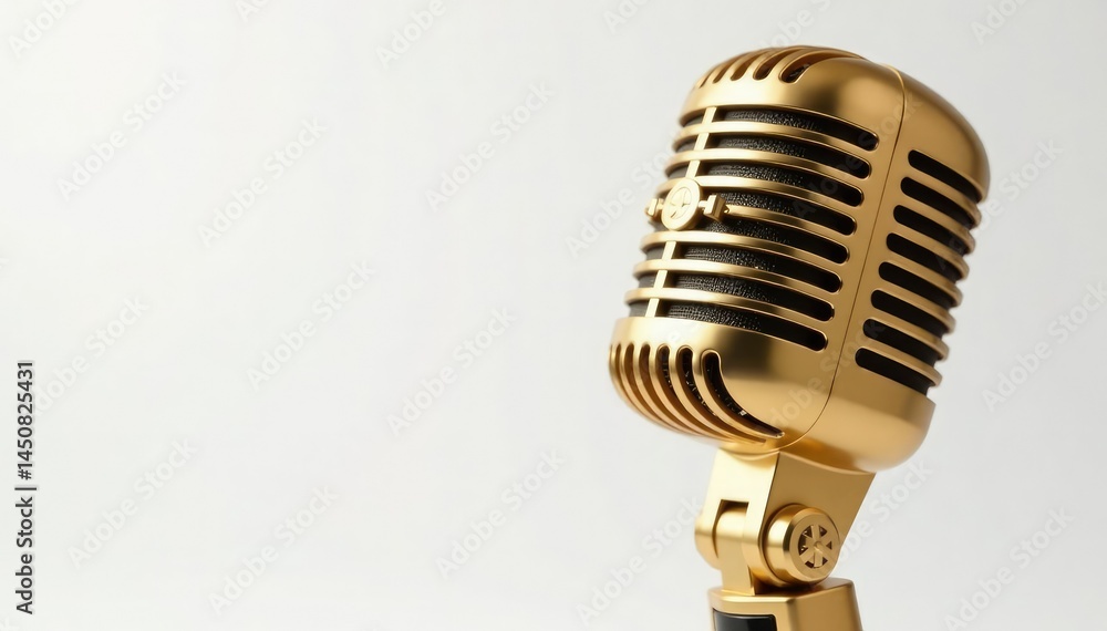 Fototapeta premium Close-up shot of a gold microphone isolated on white , golden, boom mic, condenser mic