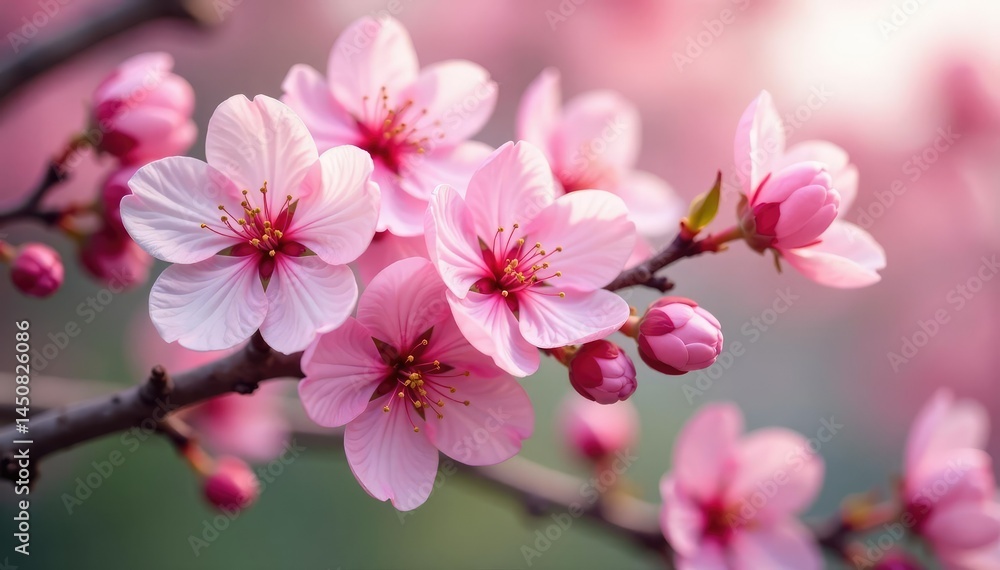 Obraz premium Delicate pink cherry blossoms, soft petals, full bloom , Japanese, twig