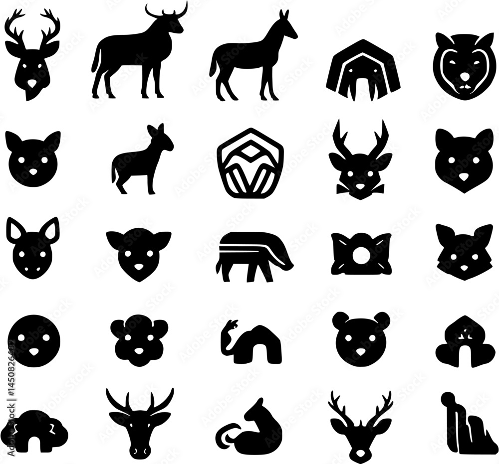 Obraz premium ​Black animal head icons set featuring deer, dog, cat, bear, and wildlife symbols isolated on white background.