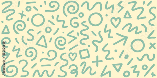 Whimsical hand-drawn doodles in soft green tones on a beige background, ideal for creative, playful, or retro-themed designs. Vector illustration