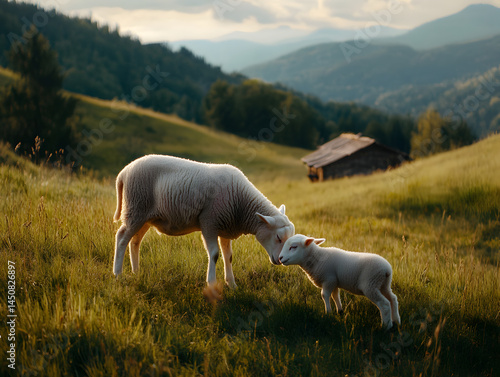 Mother sheep and her lamb bonding in serene spring meadow with rustic cabin in background