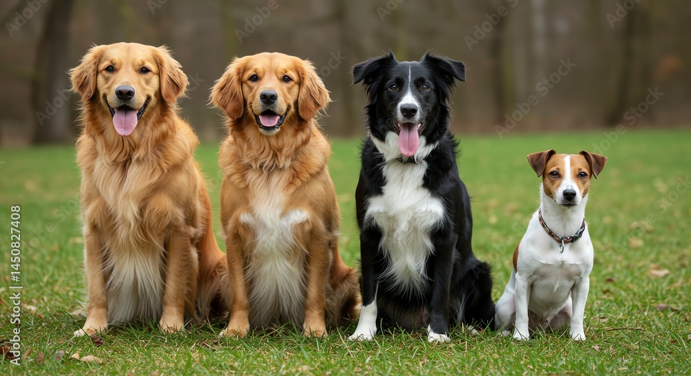 Four Dogs Sitting in Grass Four Dogs Sitting in Grass