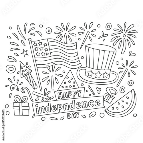 A festive 4th of july coloring book illustration with fireworks, uncle sam hat, and patriotic elements