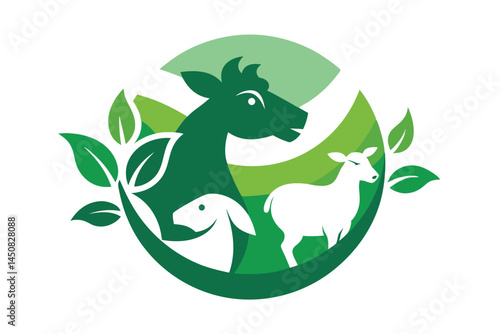 Green horse silhouette and white sheep stand amid leaves against a transparent backdrop