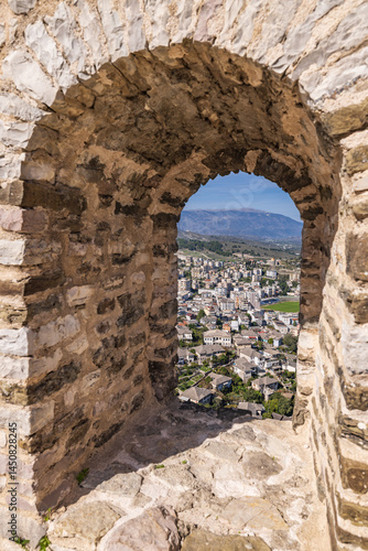 Arched window through the wall of the ruins of Gjirokaster Castle.