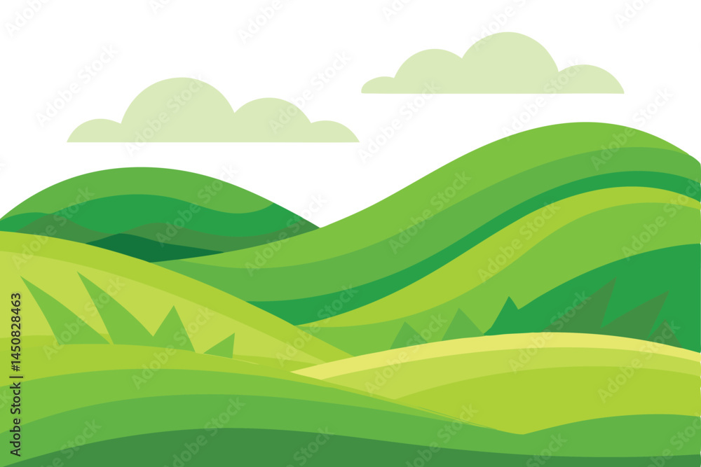 Fototapeta premium Gentle slopes cascade beneath soft clouds within this simple landscape representation on a transparent background