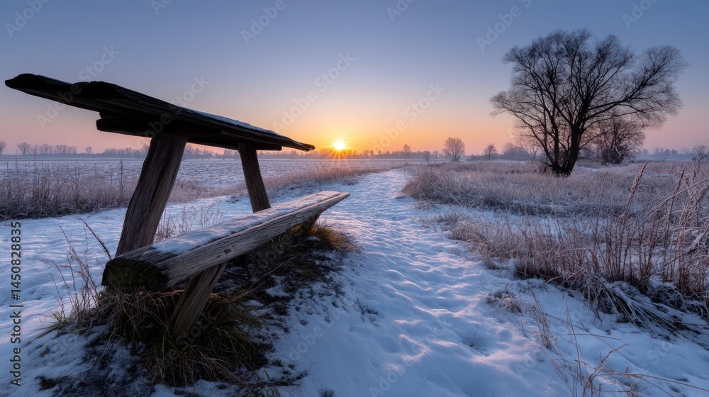 Fototapeta premium Rustic wooden bench sits on a snowy path at sunrise, frosty meadow in background