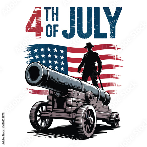 A vintage vector illustration of a 4th of july scene with an antique cannon and revolutionary soldier