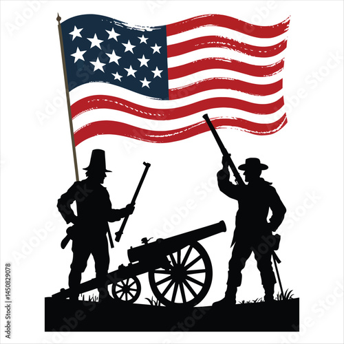 A vintage cannon and revolutionary soldier silhouette vector illustration for 4th of july
