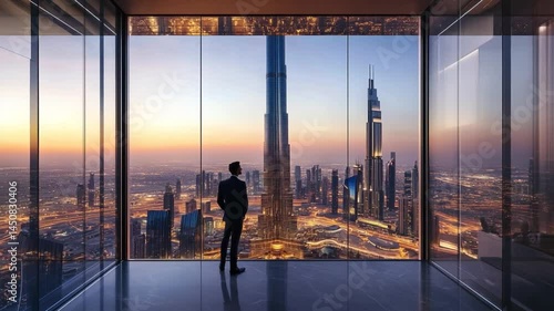 Businessman gazing at the skyline of Dubai during sunset from a modern high-rise office