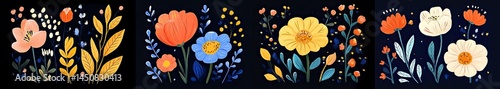 Vibrant Floral Set, Botanical on Black Backdrop, Tulip and Daisy Elements