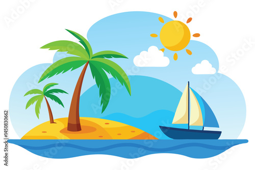 Isolated sunny beach depicts island palms and sailboat against a vibrant sky