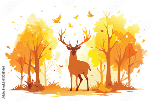 Majestic deer stands amidst golden autumn trees while birds gracefully take flight overhead