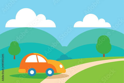 Orange cartoon car drives along a road amidst green fields beneath a blue sky