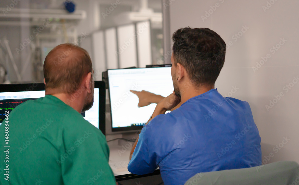 Obraz premium Medical team analyzing data on computer screens in hospital control room