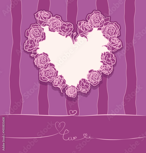 Vector romantic card in shades of pink and lilac: heart-shaped frame made of solid roses with space for text, decorative lines with heart and word love, background with jagged stripes.