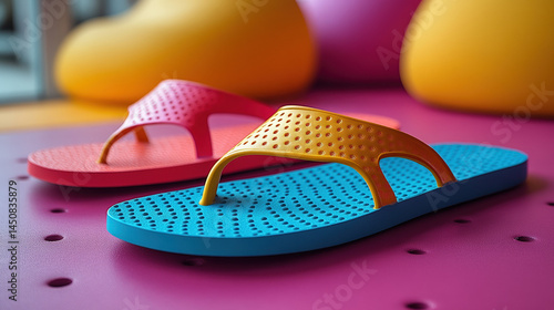 Two pairs of colorful flip-flops with textured soles, one blue and one red, sitting on a bright pink surface