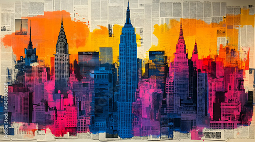 Vibrant cityscape, bold colors, newspaper collage.  New York skyline rendered in vibrant hues, utilizing a newspaper collage technique