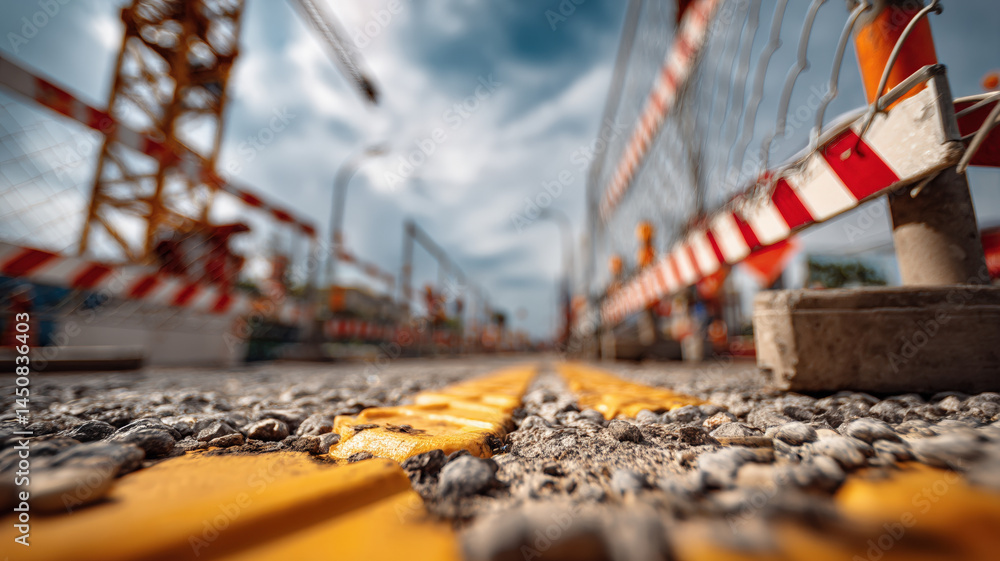 Low angle view of urban construction site with gravel road, yellow lines, cranes, barriers, and cloudy sky atmosphere.