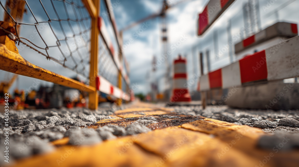 Low angle view of urban construction site with gravel road, yellow lines, cranes, barriers, and cloudy sky atmosphere.