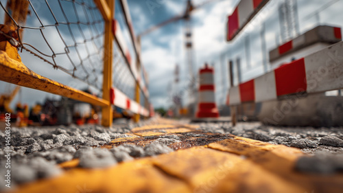 Obraz na płótnie Low angle view of urban construction site with gravel road, yellow lines, cranes, barriers, and cloudy sky atmosphere. w salonie