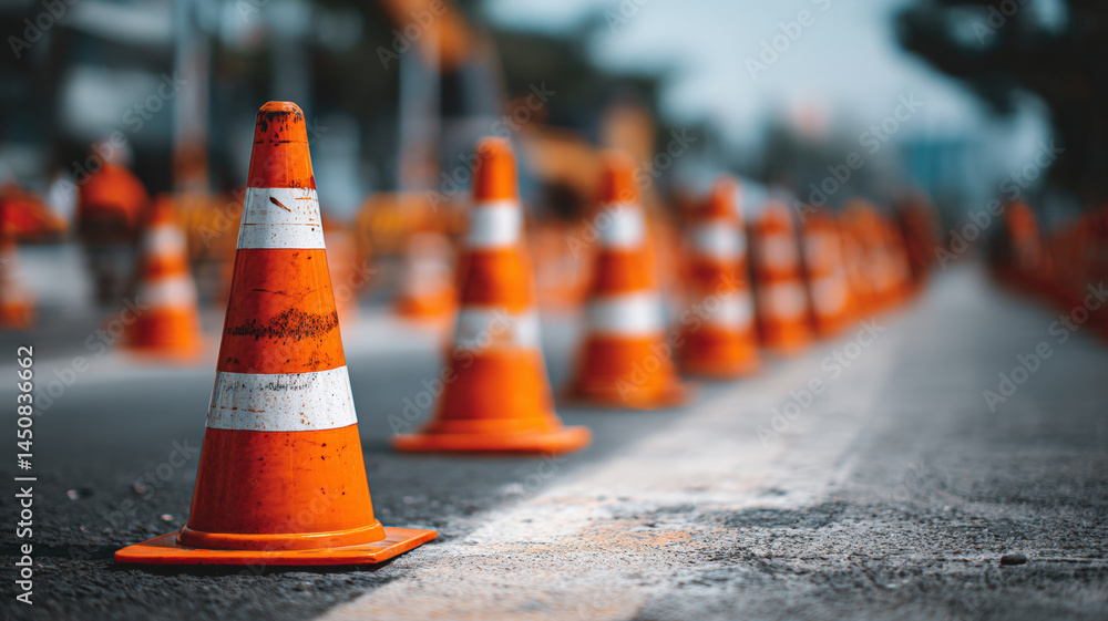 Traffic cones lined up on city street during construction work, bright orange safety equipment on asphalt road, urban repair zone and transportation safety concept
