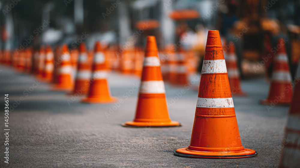 Traffic cones lined up on city street during construction work, bright orange safety equipment on asphalt road, urban repair zone and transportation safety concept