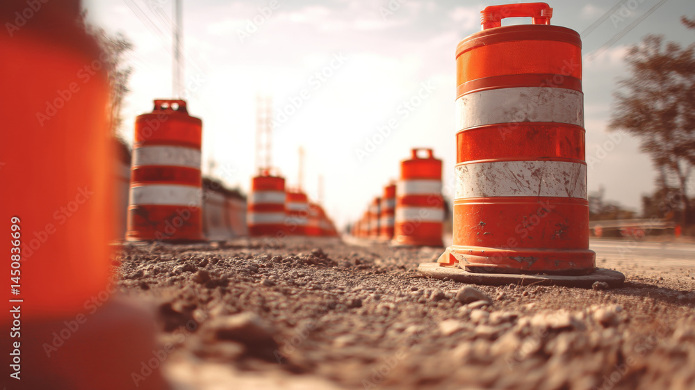 Low angle view of dirt road with orange traffic barrels and sunset light during road construction zone work.