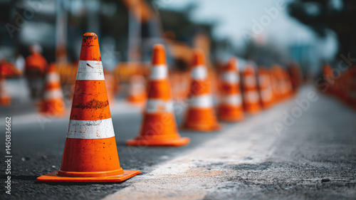 Obraz na płótnie Traffic cones lined up on city street during construction work, bright orange safety equipment on asphalt road, urban repair zone and transportation safety concept w salonie