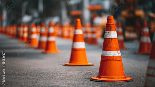 Obraz na płótnie Traffic cones lined up on city street during construction work, bright orange safety equipment on asphalt road, urban repair zone and transportation safety concept w salonie