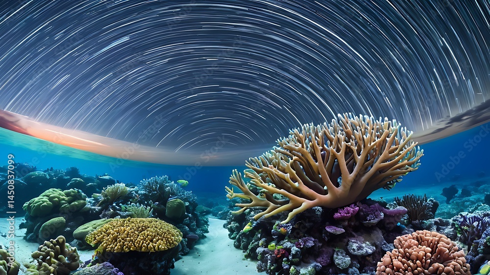 Obraz premium Underwater Coral Reef – Dramatic Star Trails Photography for Nature Lovers