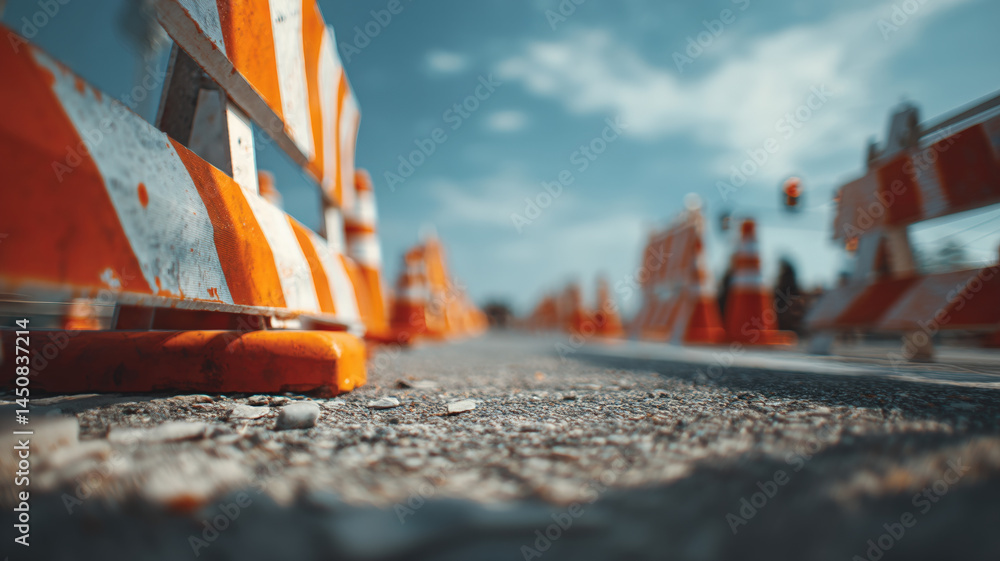 Low angle view of road construction site with orange white barriers, asphalt line, and blue cloudy sky.
