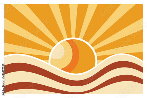 Radiant yellow sunset over wavy dunes evokes a retro, nostalgic feeling within the viewer