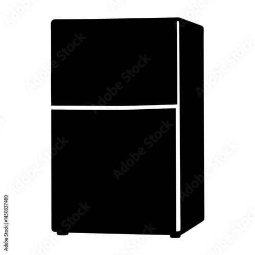Simple black and white silhouette of a refrigerator with top and bottom compartments