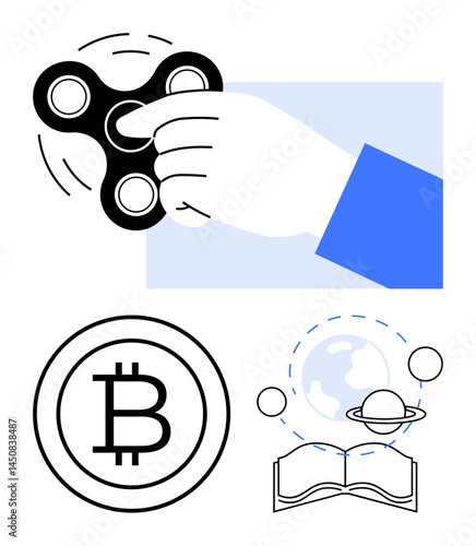Hand spinning a fidget spinner, Bitcoin symbol in a circle, open book with planetary and orbital patterns. Ideal for technology, finance, education, mindfulness, cryptocurrency, innovation