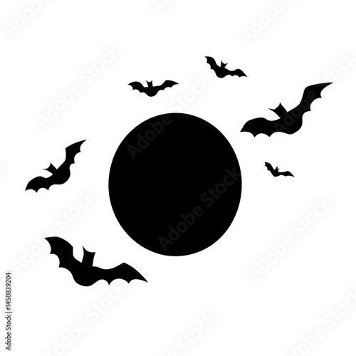 Silhouetted spooky bats flying around the moon in the night sky