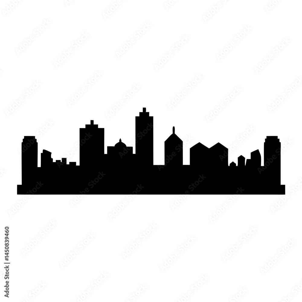 Silhouette image of a cityscape against a white background in black Silhouette image of a cityscape against a white background in black