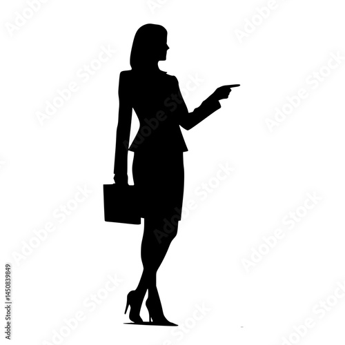 Businesswoman silhouette pointing with briefcase on white background  