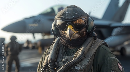 An eagle-headed soldier in military gear stands near fighter jets, embodying a blend of human valor and animal instinct within an abstract military theme.