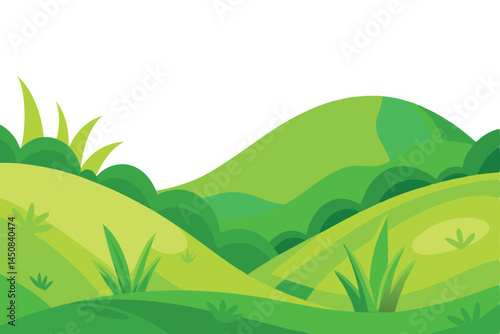 Rolling green hills present a serene and calming landscape with grassy foreground and transparent background