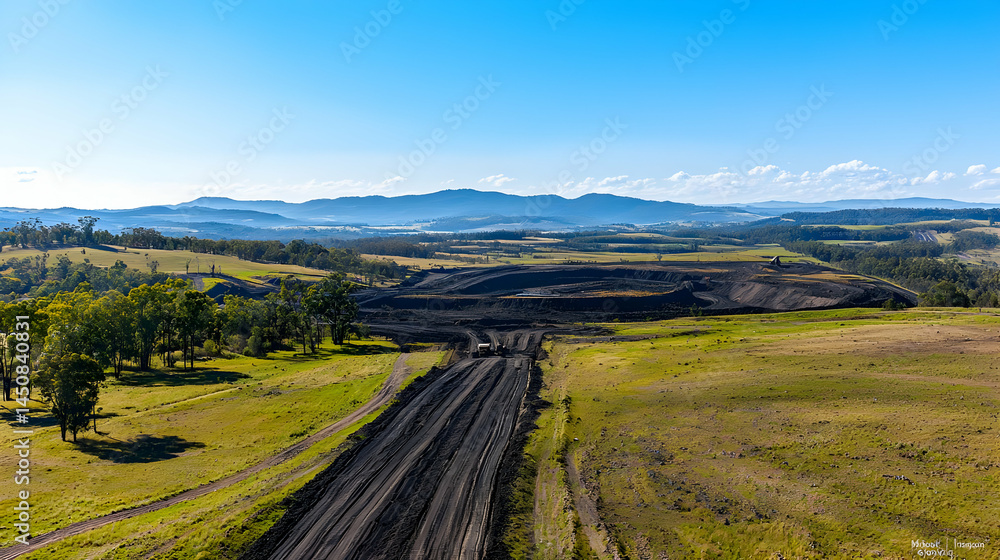 Naklejka premium Panoramic Countryside Landscape With Dirt Road And Mountain Range