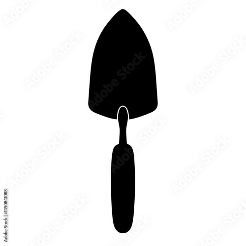 A simple black silhouette of a garden trowel against a white background