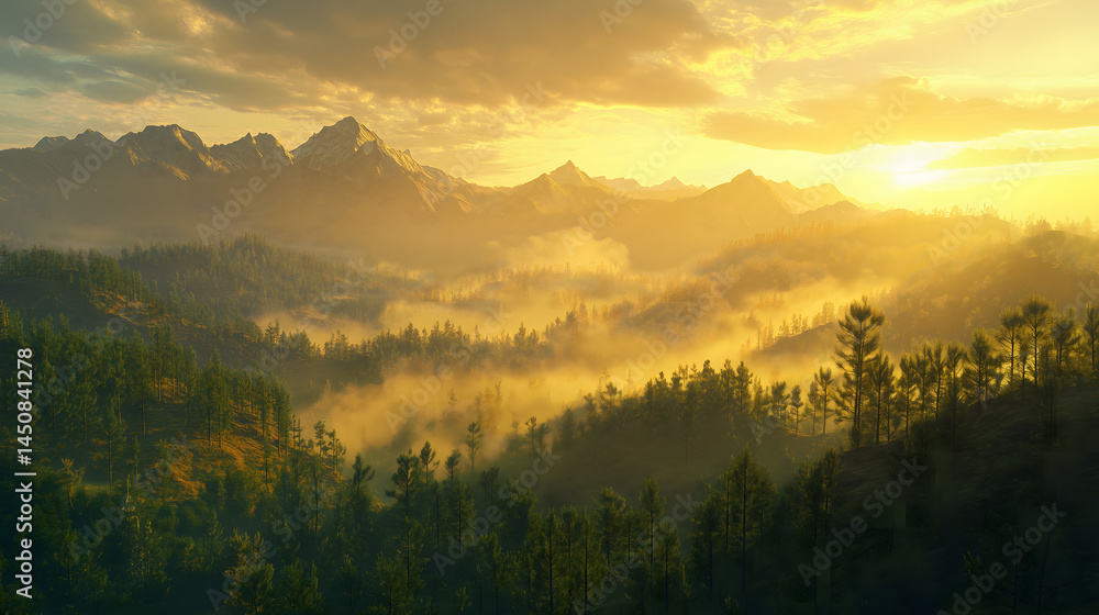 Obraz premium Golden Sunrise Over Misty Mountain Range and Pine Forest Landscape