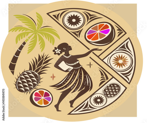 Jungle nature illustration collection. Vintage exotic clip art of palm tree, fruit and hawaiian dancer.